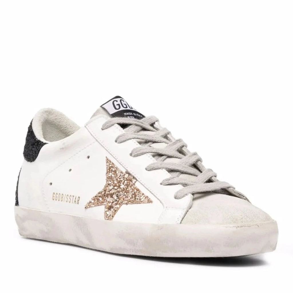 Golden Goose Super-Star Gold Glitter Star And Black Glitter Heel Tab